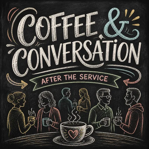 A church graphic reading “COFFEE & CONVERSATION”, in the Chalkboard look