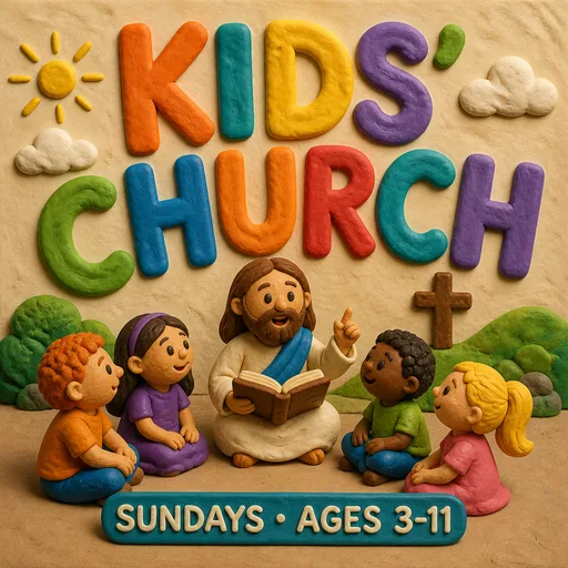 A church graphic reading “KIDS' CHURCH”, in the Clay look
