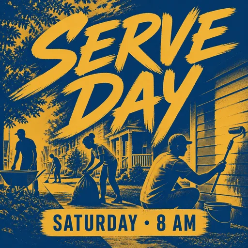 A church graphic reading “SERVE DAY”, in the Duotone photo look