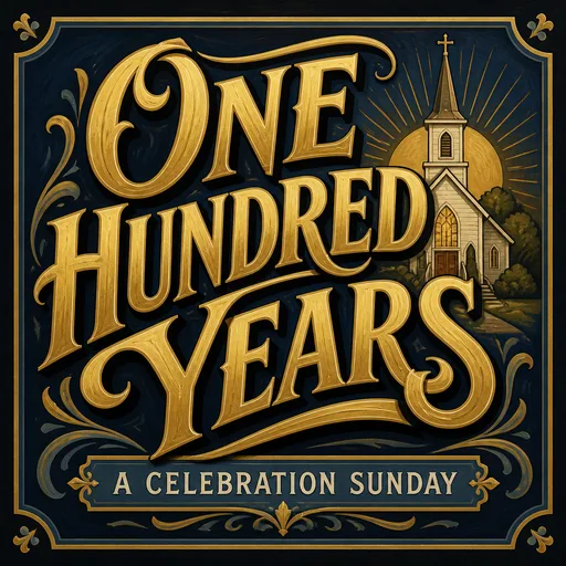 A church graphic reading “ONE HUNDRED YEARS”, in the Sign painter look
