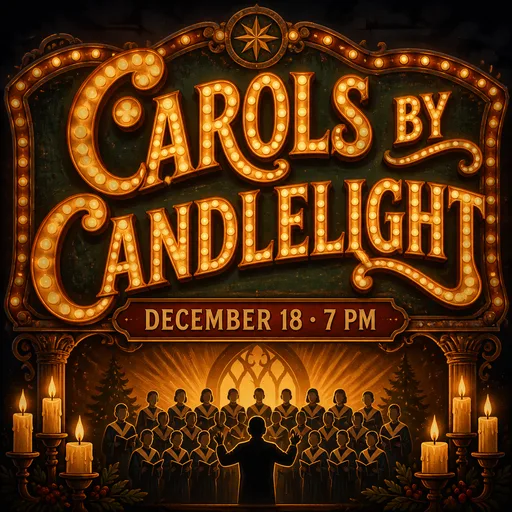 A church graphic reading “CAROLS BY CANDLELIGHT”, in the Marquee look