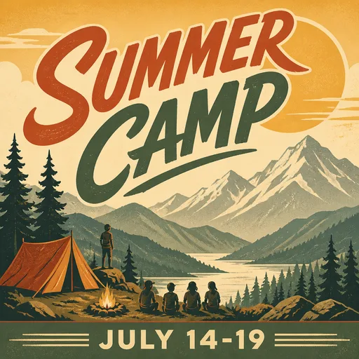 A church graphic reading “SUMMER CAMP”, in the Travel poster look