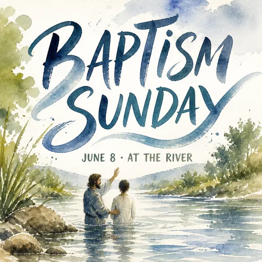 A church graphic reading “BAPTISM SUNDAY”, in the Watercolor look