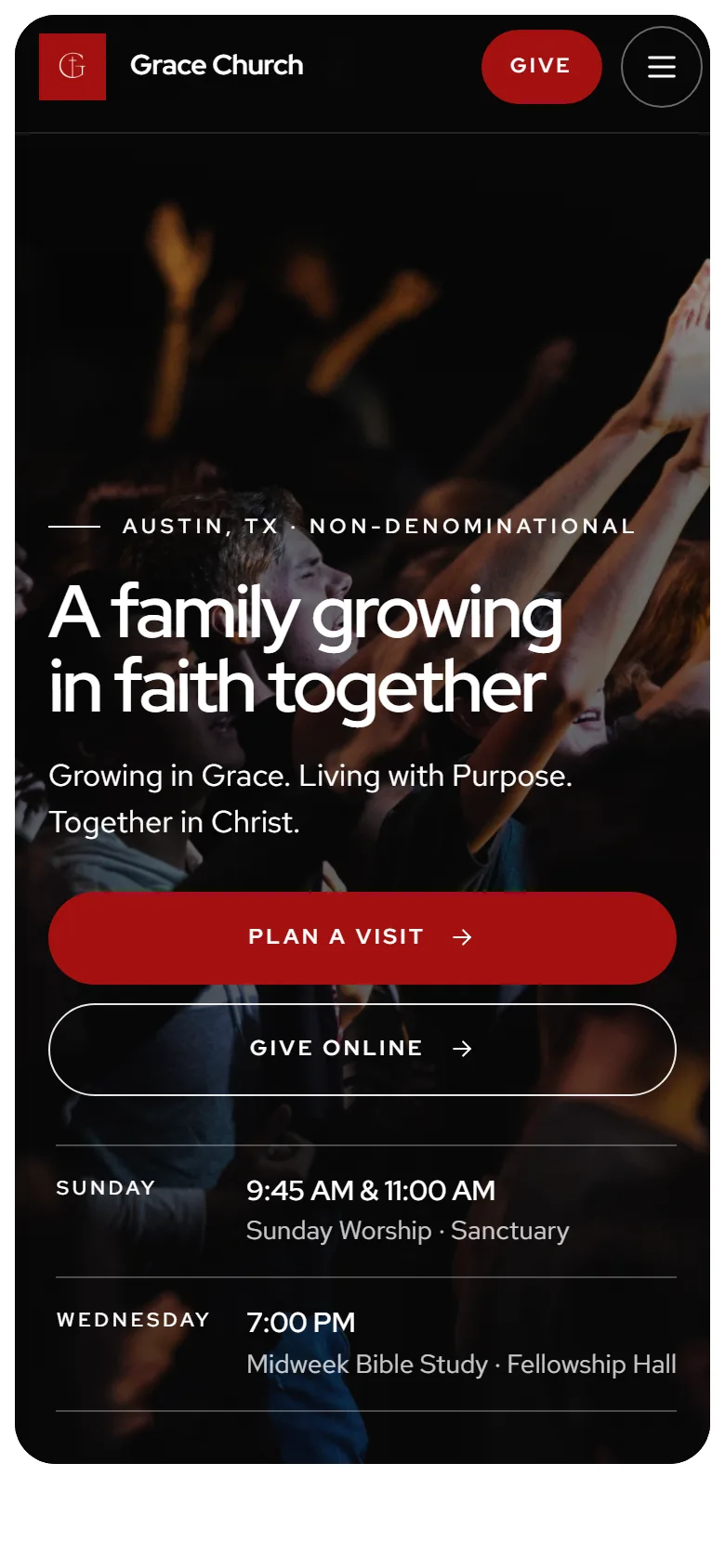 Grace Church’s home page in the Meridian look, on a phone