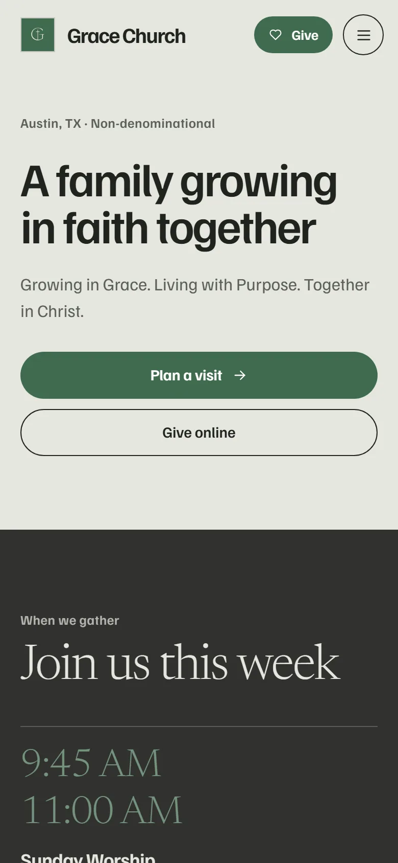 Grace Church’s home page in the Narthex look, on a phone
